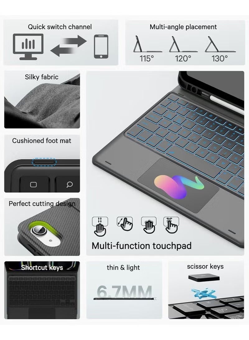 Arabic/English Keyboard Case for iPad (A16) 10th Gen (2025/2022), 7-Color Backlight, Multi-Touch Trackpad, Flip Stand Case with Pencil Holder, 2 Bluetooth Channels - Image 2